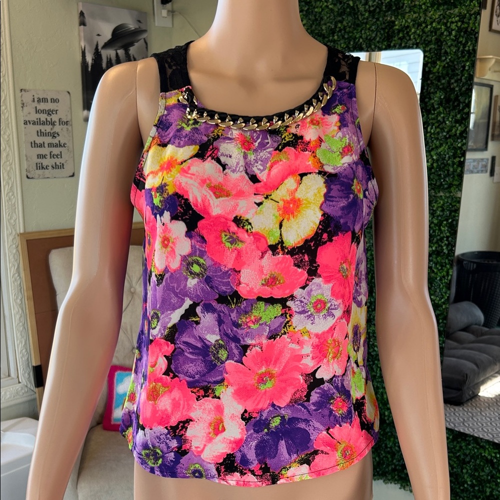 Vibrant Floral Tank Top with Studded Neckline